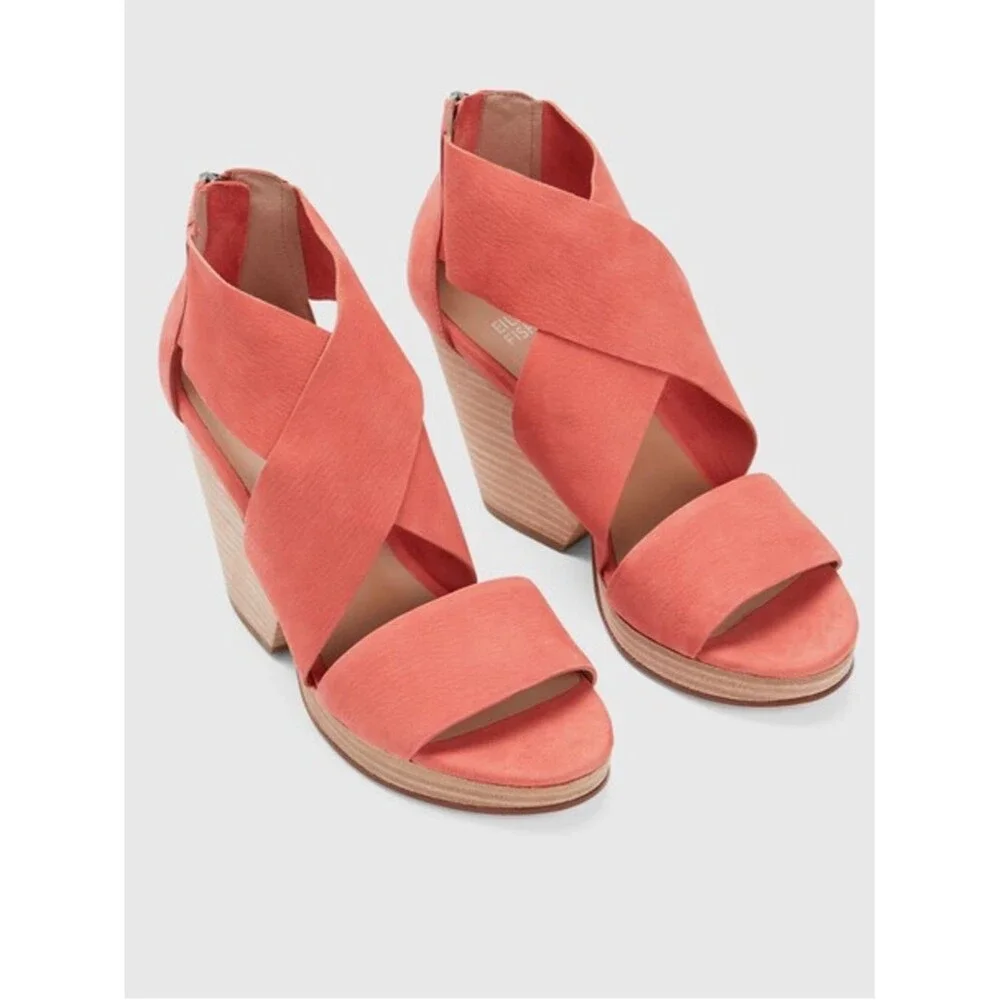 Eileen Fisher Ellis Sandal Coral Suede Wedge Sz 9.5 Coastal Euro Summer Vacation